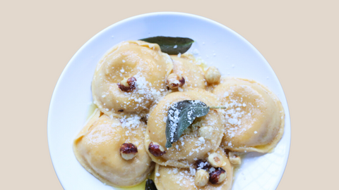 Pumpkin Ravioli with Brown Butter-Hazelnut Sauce and Fried Sage