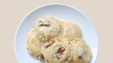 Roasted Butternut Squash Ravioli with Bacon, Cacio e Pepe