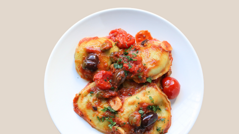 Spinach Ravioli with Olives, Capers and Cherry Tomatoes