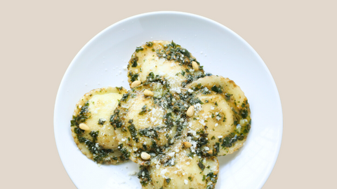 Cheese Ravioli with Pesto and Toasted Pine Nuts