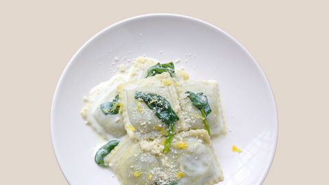 Spinach Ravioli with Lemony Ricotta Sauce and Wilted Spinach